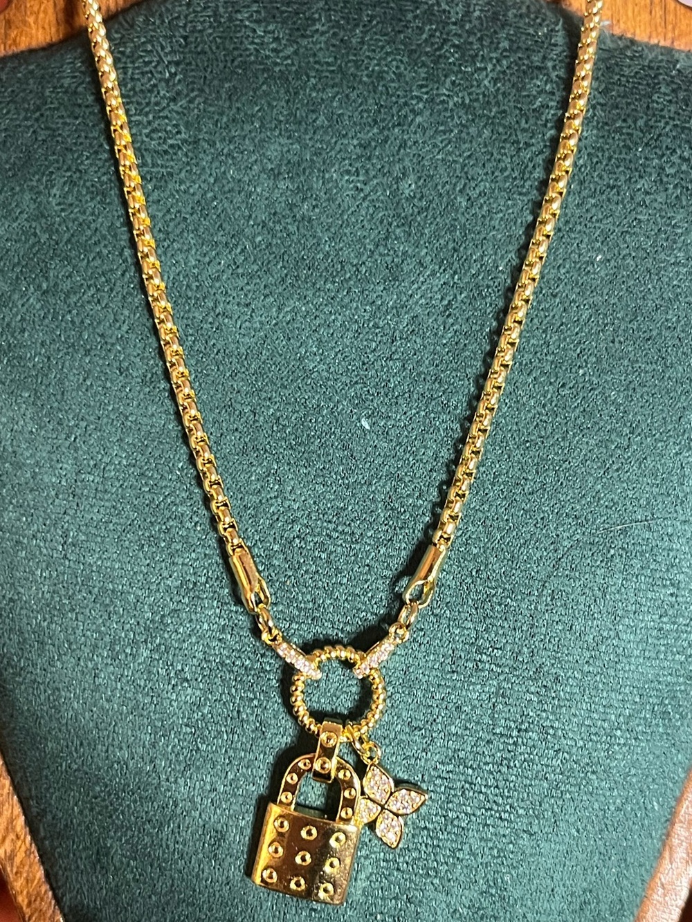 Gold Padlock & Pave Clover Pendant Necklace 16-18”